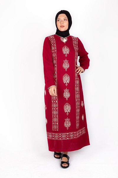 Kardelen Butik Ümraniye Women's Claret Red Sile Cloth Long Sleeve Dress