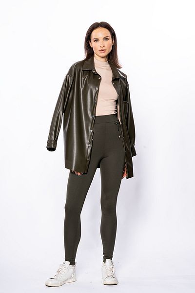Grenj Fashion Δερμάτινο πουκάμισο Χακί Oversize με λεπτομέρεια τσέπης