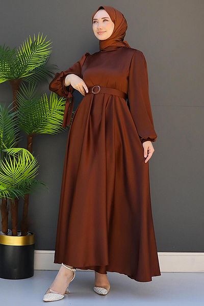 GİZ AGİYİM Brown Satin Belted Dress