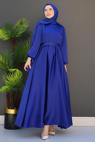 GİZ AGİYİM Night Blue Satin Belted Dress