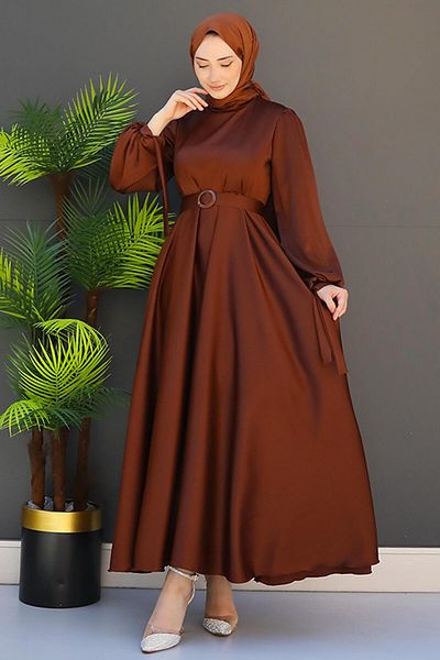 GİZ AGİYİM Brown Satin Belted Dress