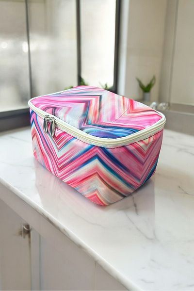 AGOÇANTA Pink Striped Patterned Makeup and Cosmetic Bag