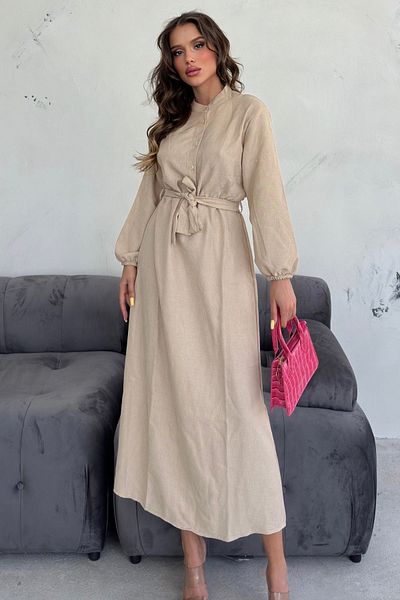 Know Beige Crew Neck and Button Detailed Women's Dress