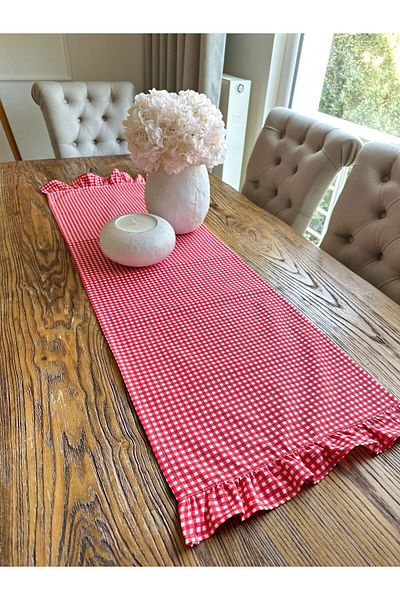 Decamor home Vintage Mini Runner with Red Ruffles - Care Free and Stain Resistant Gingham
