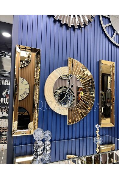 QUAL 3’lü Gold Aynalı 70 cm Çapında Yelpaze Saat ve 25*90 cm Gold Aynalar Seti