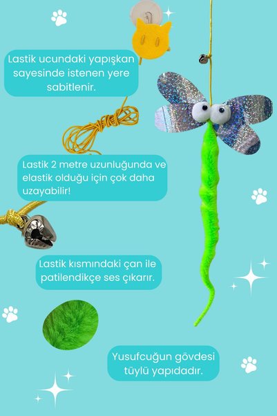 Miyav Yusufçuk- Kendinden Yapışkanlı Ve Ses Çıkaran Kedi Oltası 2 Metre Lastikli Elastik Kedi Oyun Oltası