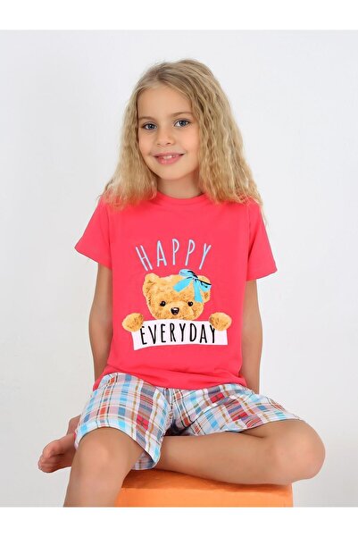vitmo Kız Çocuk Kısa Kollu Kapri %100 Pamuklu Happy Bear Pijama Takımı