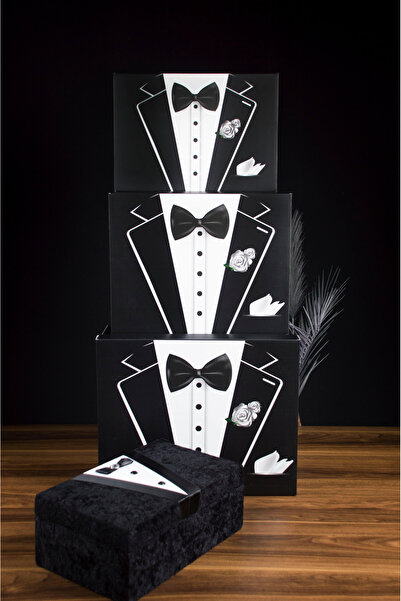 ADENZ Damat Bohçası 4'lü set - 3 Kutu 1 Kadife Kaplı Ahşap Sandık - çeyiz nişan