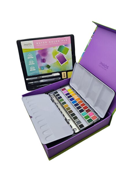 Gulcerenhobi Çantalı Metal Kutulu 36 'lı Profesyonel Sulu Boya Seti ( 300 gr defter + Fırça ve Kalemler )