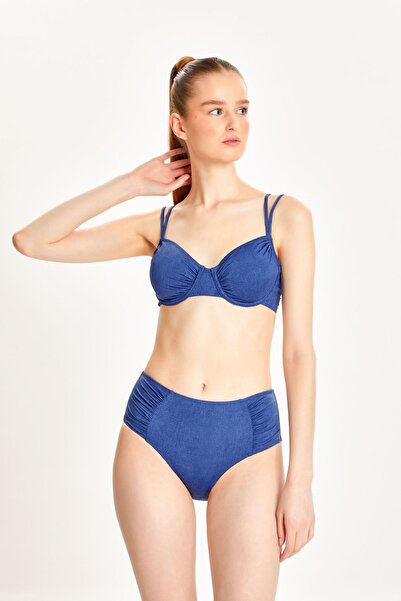 TOO SALTY SWIMWEAR Kadın Mavi Kot Görünümlü Büzgülü Balenli Toparlayıcı Yüksek Bel Bikini Takımı 24s102st