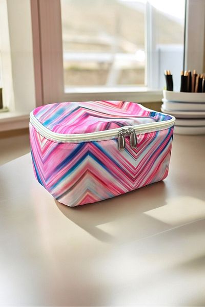 AGOÇANTA Pink Striped Patterned Makeup and Cosmetic Bag