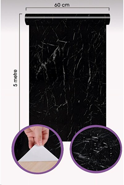 CNGZSHOP Mermer Desenli Siyah Folyo Kaplama 5 Metre Tezgah Dolap Mutfak Kağıd...