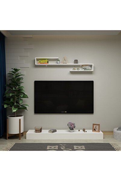 Ninnimo Harry Beyaz Mdf Tv Sehpası Ve Duvar Rafı , Ava Duvar Raflı Sehpalı Tv...