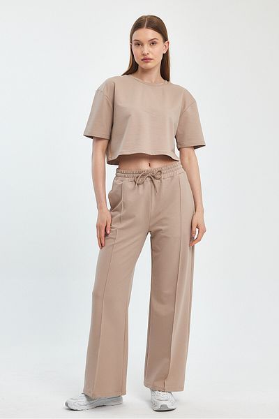 Penyelux Beige Palazzo Trousers - Pocket, Rubber Waist, Wide Leg, 2 String Fabric