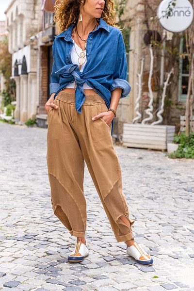 Güneşkızı Women's Bronze Elastic Waist Buttoned Mesh Linen Shalwar Trousers Rsd3038