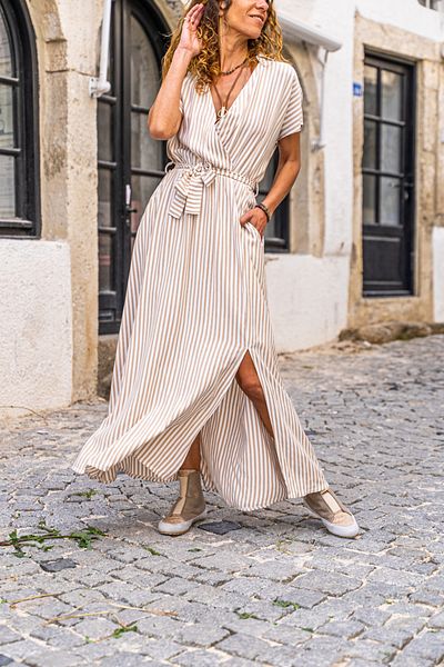 Güneşkızı Women's Dusty Rose Polo Neck Double Breasted Elastic Waist Self-Belt Slit Dress Bst3386