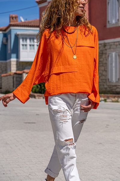 Güneşkızı Women's Orange Self-Textured Bat Sleeve Layered Loose Blouse BST700-3549
