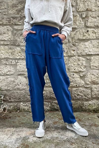 Güneşkızı Women's Saks Elastic Waist Washed Linen Look Filthy Stitching Detailed Loose Baggy Trousers RSD1196