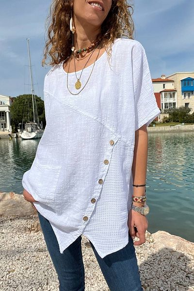 Güneşkızı Women's Ecru Asymmetrical Cut Button Detailed Single Pocket Linen Look Loose Blouse RSD1232