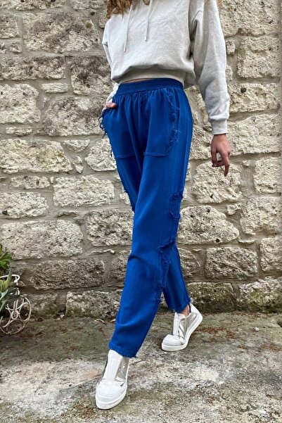 Güneşkızı Women's Saks Elastic Waist Washed Linen Look Filthy Stitching Detailed Loose Baggy Trousers RSD1196