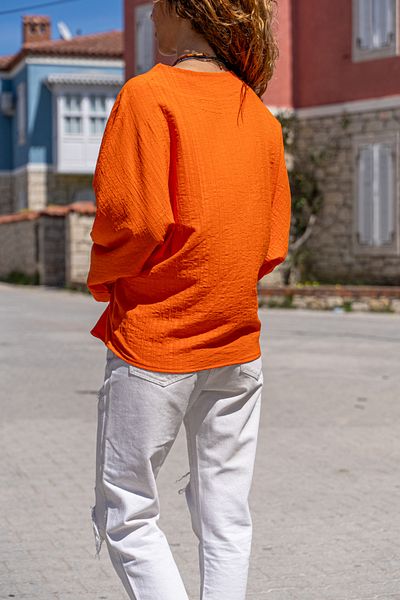 Güneşkızı Women's Orange Self-Textured Bat Sleeve Layered Loose Blouse BST700-3549