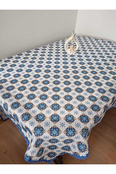 CLK Home 150x150cm El Örgüsü Dantelli Dertsiz Mavi Desenli Sofra Bezi / Masa ...