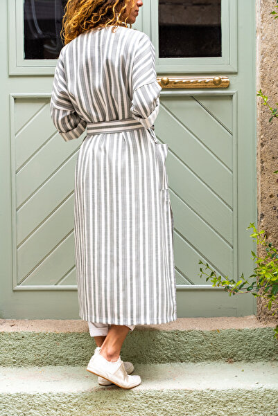 Güneşkızı Women's Khaki Linen Shawl Collar Pocket Self Belted Striped Kimono Dress Bst3373