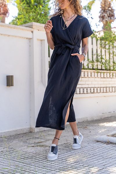 Güneşkızı Rochie neagră de muselină, cu două piept, cu centură, cu deschidere laterală BST700-3612