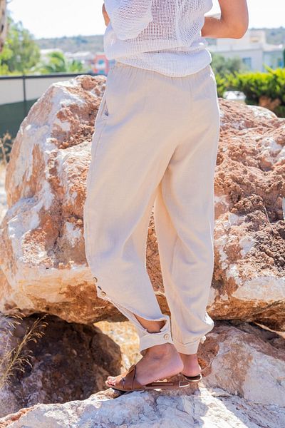 Güneşkızı Γυναικείο παντελόνι Shalwar σε μπεζ ελαστική μέση με κουμπιά από διχτυωτό ύφασμα Rsd3038