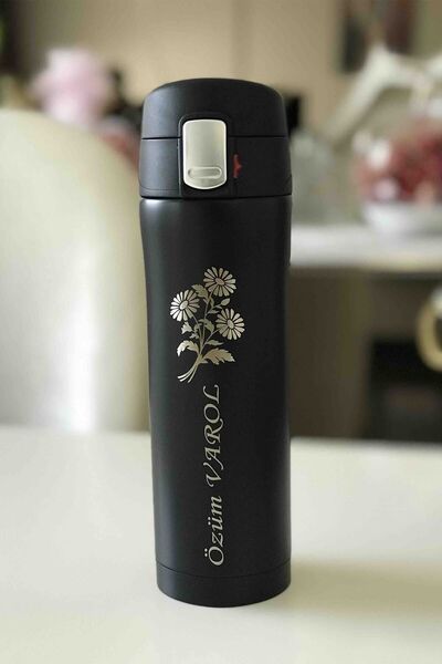 NRDLİFE Yılbaşına Özel Hediyelik Termos Kişiye Özel Isim Baskılı Siyah Çelik 450 ml Termos