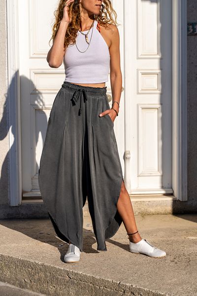 Güneşkızı Γυναικείο φαρδύ παντελόνι Anthracite Washed Shalwar με τσέπες, σκισίματα στο πλάι και ελαστική μέση Rsd3066