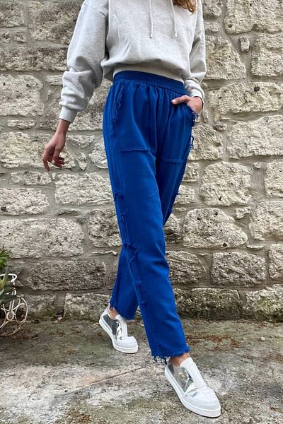 Güneşkızı Women's Saks Elastic Waist Washed Linen Look Filthy Stitching Detailed Loose Baggy Trousers RSD1196