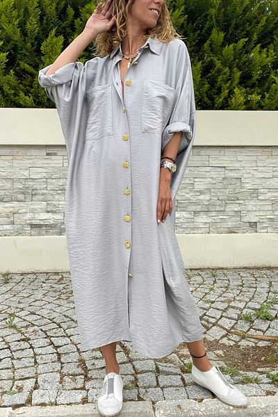 Güneşkızı Women's Gray Linen Bat Sleeve Casual Pocket Shirt Dress Bst3282