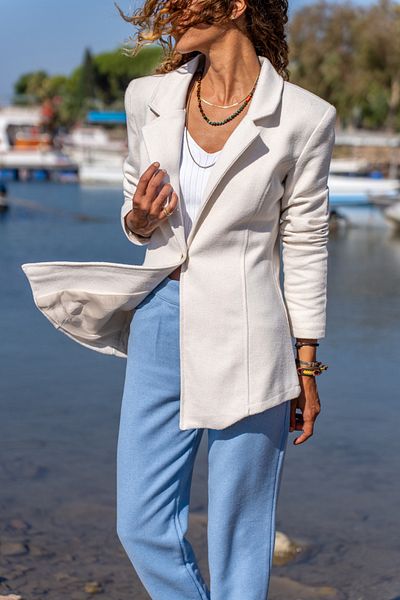 Güneşkızı Women's Ecru Self-Patterned Stitched Lined Single Button Blazer Jacket Bst3449