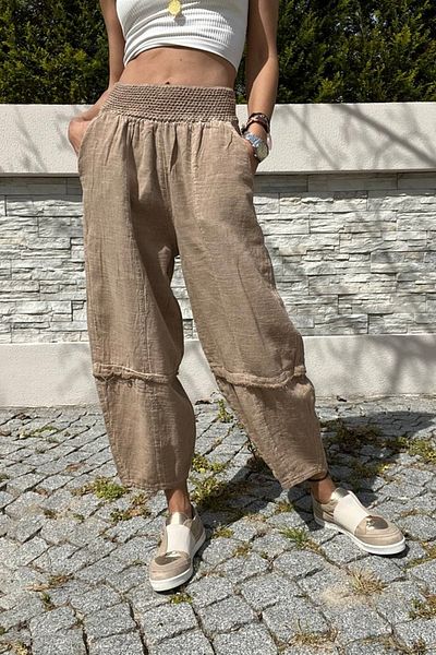 Güneşkızı Women's Bronze Elastic Waist Linen Look Washed Pocket Loose Baggy Trousers RSD1230