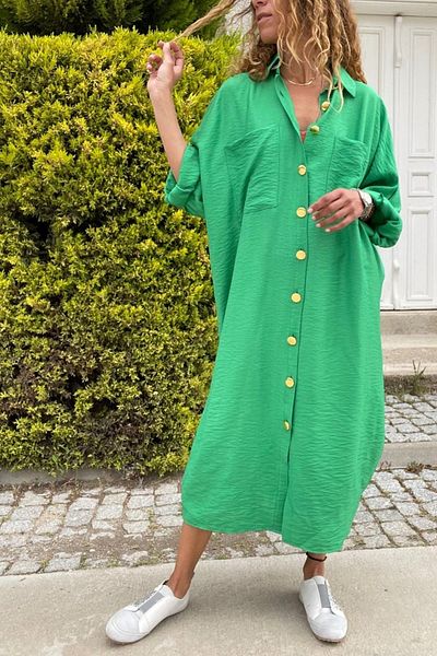 Güneşkızı Women's Green Linen Bat Sleeve Casual Pocket Shirt Dress Bst3282