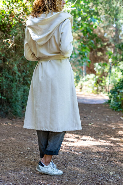 Güneşkızı Dámský ležérní kabát Kaşe s kapucí Ecru Self-Belt Bst3269