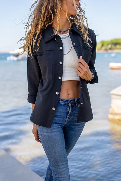 Güneşkızı Women's Black Gabardine Double Pocket Snap Fastener Shirt Jacket Bst3454