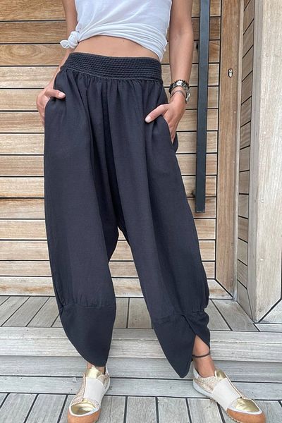 Güneşkızı Pantaloni Shalwar pentru femei, negri, spălat, cu buzunare, talie elastică Rsd58048
