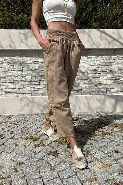 Güneşkızı Women's Bronze Elastic Waist Linen Look Washed Pocket Loose Baggy Trousers RSD1230