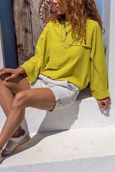 Güneşkızı Women's Oil Green Self-Texturized Bat Sleeve Layered Loose Blouse BST700-3549