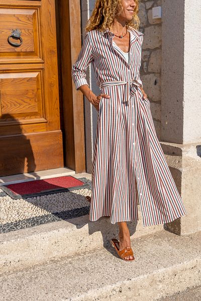 Güneşkızı Women's Brick Tile Self Belted Pocket Linen Kiloş Shirt Dress Bst3259