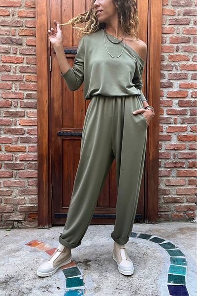 Güneşkızı Women's Khaki Tie Waist, Elasticized Pocket, Shoulderless Tracksuit Jumpsuit Gk-Cckld351