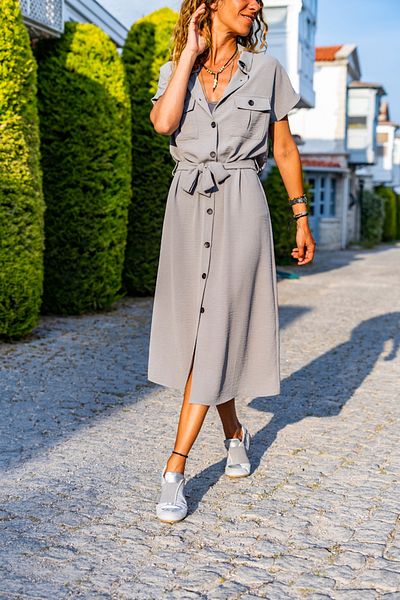 Güneşkızı Women's Gray Pocket Belted Safari Airobin Dress Bstk4045