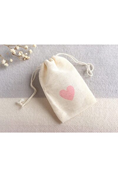 ÇANTAPAK Kalp Baskılı Büzgülü Ham Bez Kese 10 cm en 15 cm boy  ( 6 adet için )