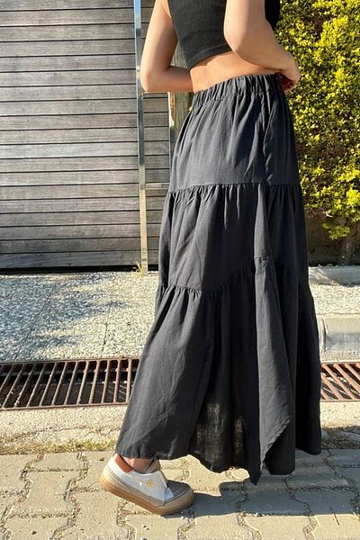 Güneşkızı Black Voile Flared Skirt - BST700-3574 with Pockets and Elastic Waist