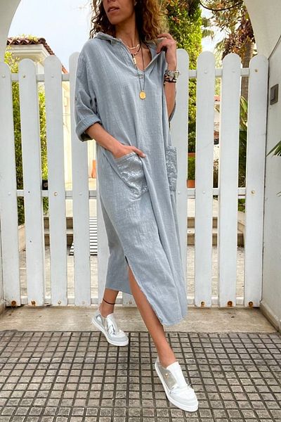 Güneşkızı Women's Gray Hooded Pocket Sequin Loose Linen Look Long Dress Rsd1224