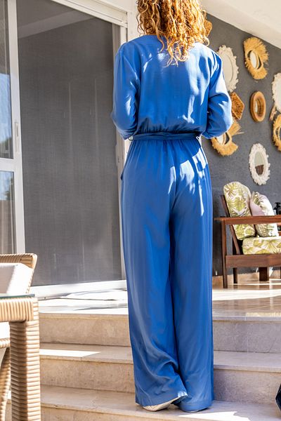 Güneşkızı Women's Indigo Self-Belt Elastic Waist Half Patch Pocket Jumpsuit Bst3297