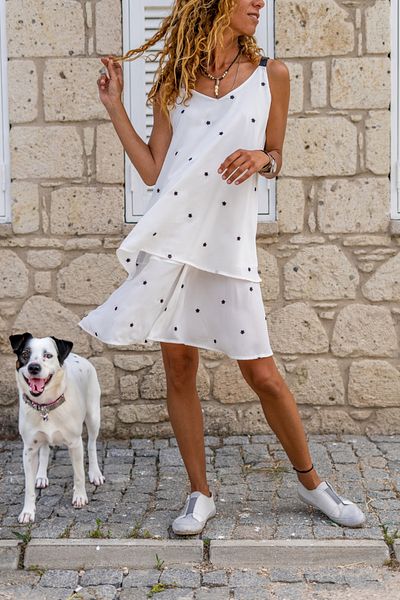 Güneşkızı Rochie de damă, albă, din șifon, cu bretele din piele, brodate florală, în strat dublu, rochie subțire în formă de A Bst3420