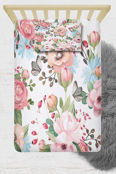 Osso Halı Blue Pink Flowers 3D Patterned Elastic Single Sheet Set 90x190 cm